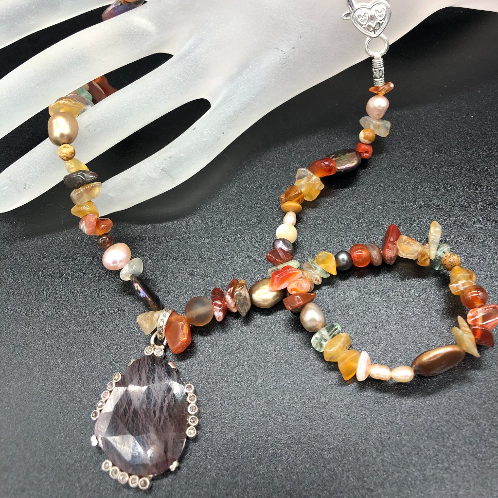 Necklace - Diamond Sapphire, Carnelian, Pearls